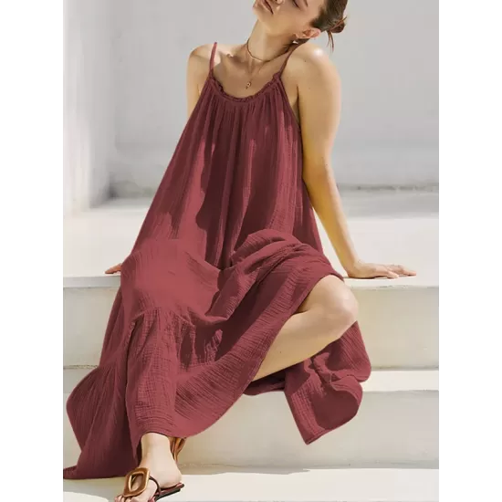 A-Line Loose Pleated Solid Color Split-Joint Round-Neck Midi Dresses Slip Dress A-Line Loose Pleated Solid Color Split-Joint Round-Neck Midi Dresses Slip Dress