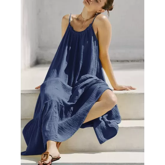 A-Line Loose Pleated Solid Color Split-Joint Round-Neck Midi Dresses Slip Dress A-Line Loose Pleated Solid Color Split-Joint Round-Neck Midi Dresses Slip Dress