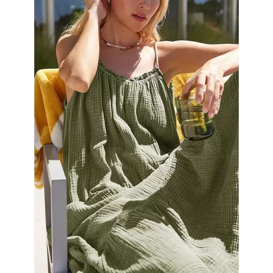 A-Line Loose Pleated Solid Color Split-Joint Round-Neck Midi Dresses Slip Dress A-Line Loose Pleated Solid Color Split-Joint Round-Neck Midi Dresses Slip Dress