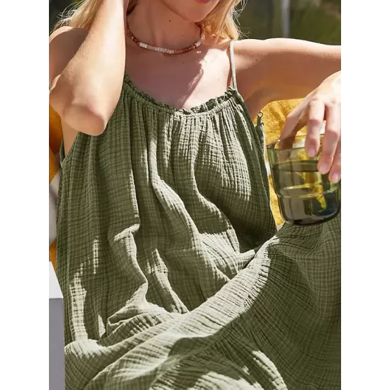 A-Line Loose Pleated Solid Color Split-Joint Round-Neck Midi Dresses Slip Dress A-Line Loose Pleated Solid Color Split-Joint Round-Neck Midi Dresses Slip Dress