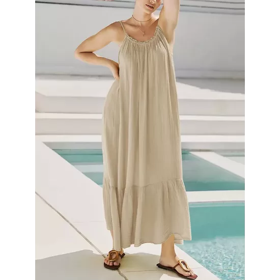A-Line Loose Pleated Solid Color Split-Joint Round-Neck Midi Dresses Slip Dress A-Line Loose Pleated Solid Color Split-Joint Round-Neck Midi Dresses Slip Dress
