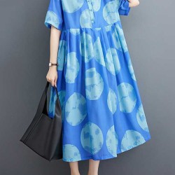 Polka-Dot Loose Short Sleeves Lapel Collar Midi Dresses