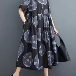 Polka-Dot Loose Short Sleeves Lapel Collar Midi Dresses