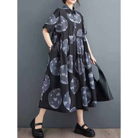 Polka-Dot Loose Short Sleeves Lapel Collar Midi Dresses Polka-Dot Loose Short Sleeves Lapel Collar Midi Dresses