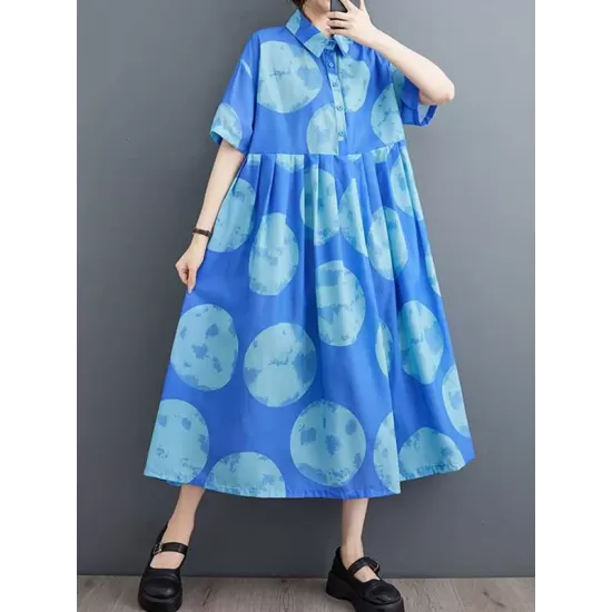 Polka-Dot Loose Short Sleeves Lapel Collar Midi Dresses Polka-Dot Loose Short Sleeves Lapel Collar Midi Dresses