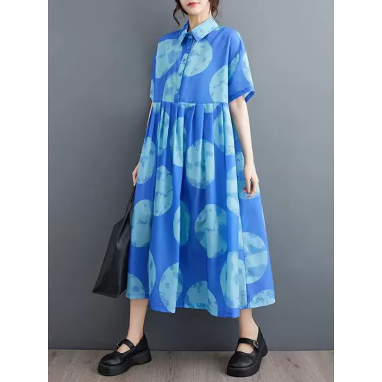 Polka-Dot Loose Short Sleeves Lapel Collar Midi Dresses Polka-Dot Loose Short Sleeves Lapel Collar Midi Dresses