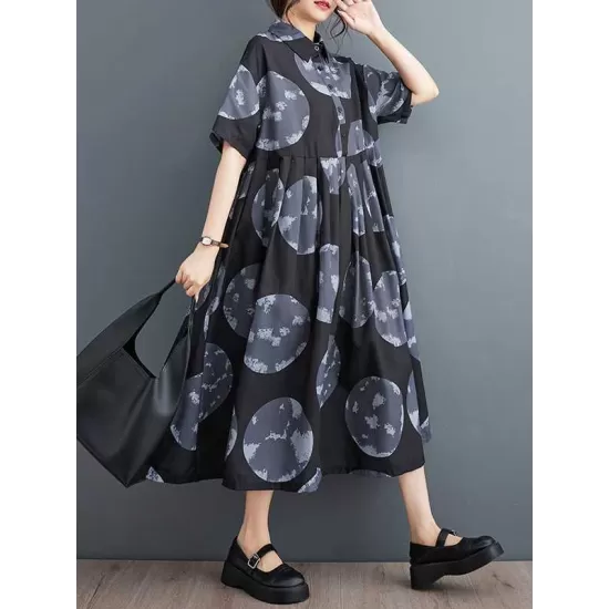 Polka-Dot Loose Short Sleeves Lapel Collar Midi Dresses Polka-Dot Loose Short Sleeves Lapel Collar Midi Dresses