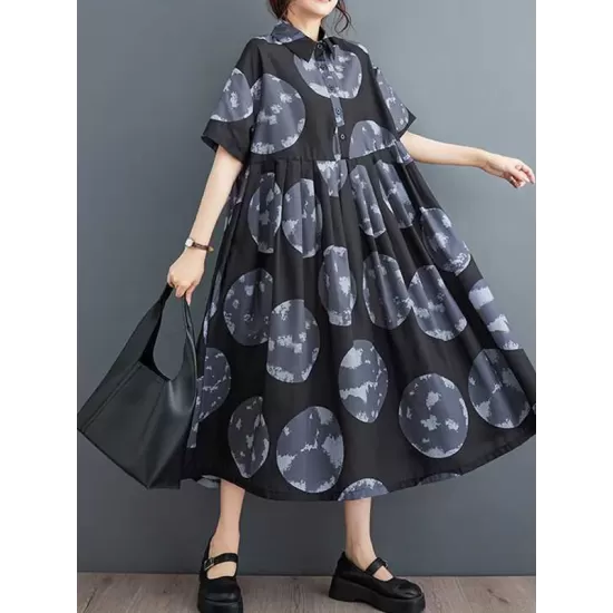 Polka-Dot Loose Short Sleeves Lapel Collar Midi Dresses Polka-Dot Loose Short Sleeves Lapel Collar Midi Dresses
