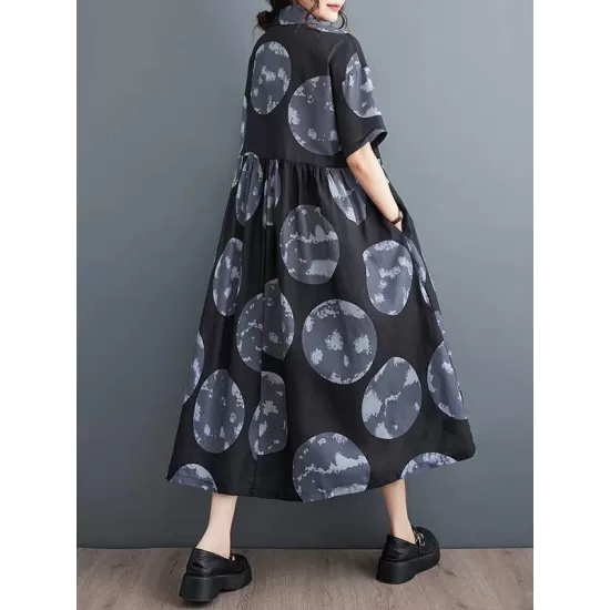 Polka-Dot Loose Short Sleeves Lapel Collar Midi Dresses Polka-Dot Loose Short Sleeves Lapel Collar Midi Dresses