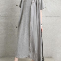 Pleated Solid Color Split-Joint Loose Short Sleeves Round-Neck Midi Dresses