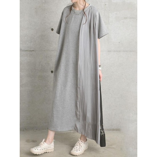 Pleated Solid Color Split-Joint Loose Short Sleeves Round-Neck Midi Dresses Pleated Solid Color Split-Joint Loose Short Sleeves Round-Neck Midi Dresses