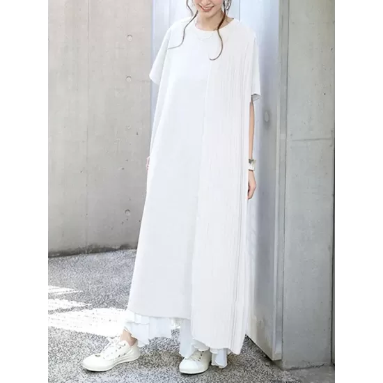 Pleated Solid Color Split-Joint Loose Short Sleeves Round-Neck Midi Dresses Pleated Solid Color Split-Joint Loose Short Sleeves Round-Neck Midi Dresses