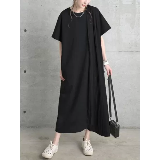 Pleated Solid Color Split-Joint Loose Short Sleeves Round-Neck Midi Dresses Pleated Solid Color Split-Joint Loose Short Sleeves Round-Neck Midi Dresses
