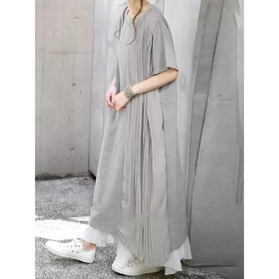 Pleated Solid Color Split-Joint Loose Short Sleeves Round-Neck Midi Dresses Pleated Solid Color Split-Joint Loose Short Sleeves Round-Neck Midi Dresses