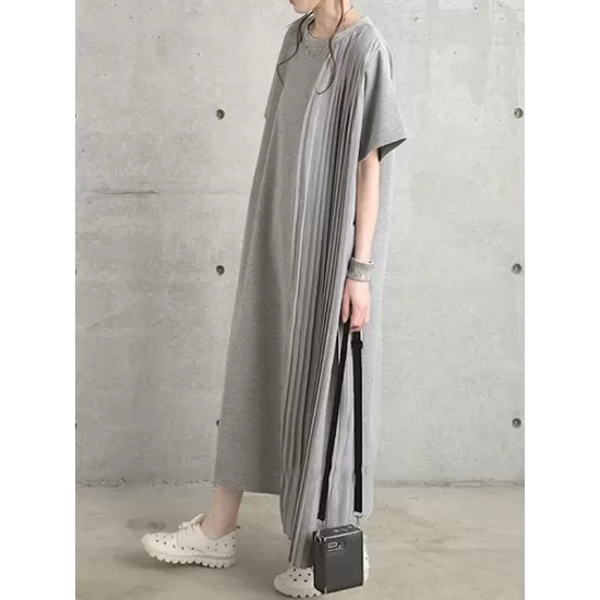 Pleated Solid Color Split-Joint Loose Short Sleeves Round-Neck Midi Dresses Pleated Solid Color Split-Joint Loose Short Sleeves Round-Neck Midi Dresses