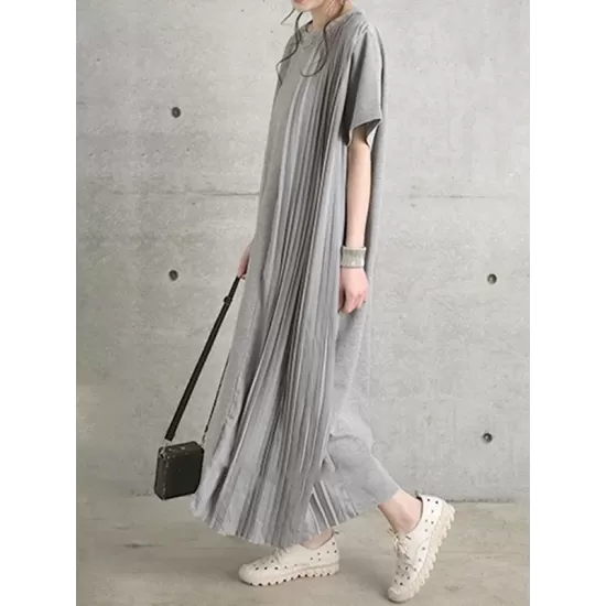 Pleated Solid Color Split-Joint Loose Short Sleeves Round-Neck Midi Dresses Pleated Solid Color Split-Joint Loose Short Sleeves Round-Neck Midi Dresses