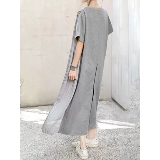 Pleated Solid Color Split-Joint Loose Short Sleeves Round-Neck Midi Dresses Pleated Solid Color Split-Joint Loose Short Sleeves Round-Neck Midi Dresses