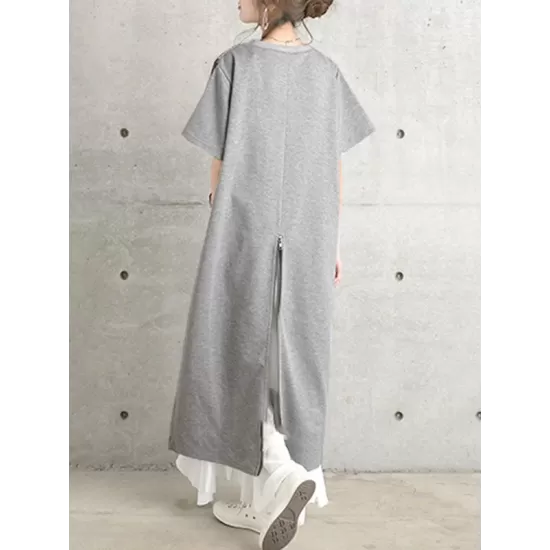 Pleated Solid Color Split-Joint Loose Short Sleeves Round-Neck Midi Dresses Pleated Solid Color Split-Joint Loose Short Sleeves Round-Neck Midi Dresses