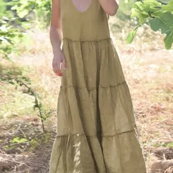 Solid Color Loose Sleeveless V-Neck Midi Dresses