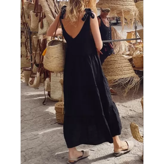 Solid Color Loose Sleeveless V-Neck Midi Dresses Solid Color Loose Sleeveless V-Neck Midi Dresses