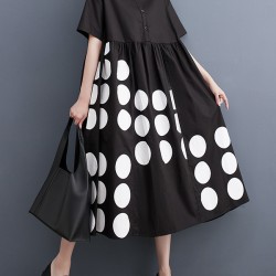 Buttoned Pockets Polka Dot Printed A-line Loose Lapel Midi Dresses