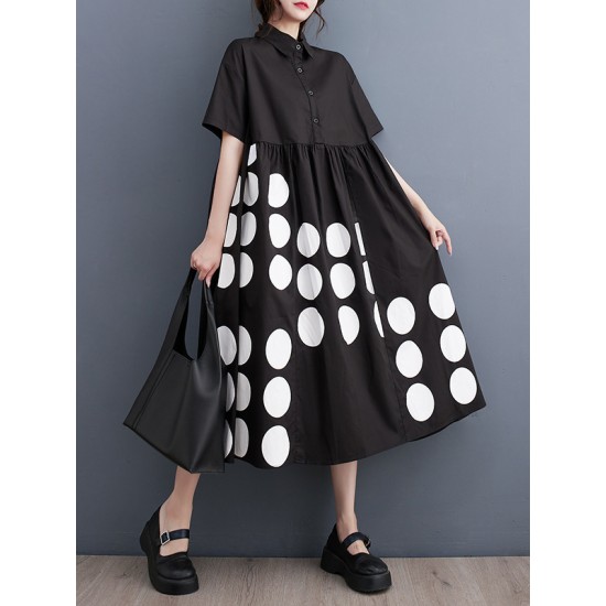 Buttoned Pockets Polka Dot Printed A-line Loose Lapel Midi Dresses Buttoned Pockets Polka Dot Printed A-line Loose Lapel Midi Dresses