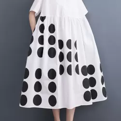 Buttoned Pockets Polka Dot Printed A-line Loose Lapel Midi Dresses
