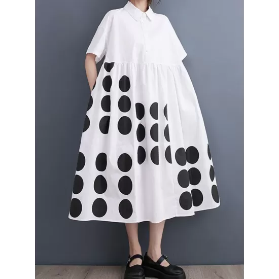 Buttoned Pockets Polka Dot Printed A-line Loose Lapel Midi Dresses Buttoned Pockets Polka Dot Printed A-line Loose Lapel Midi Dresses
