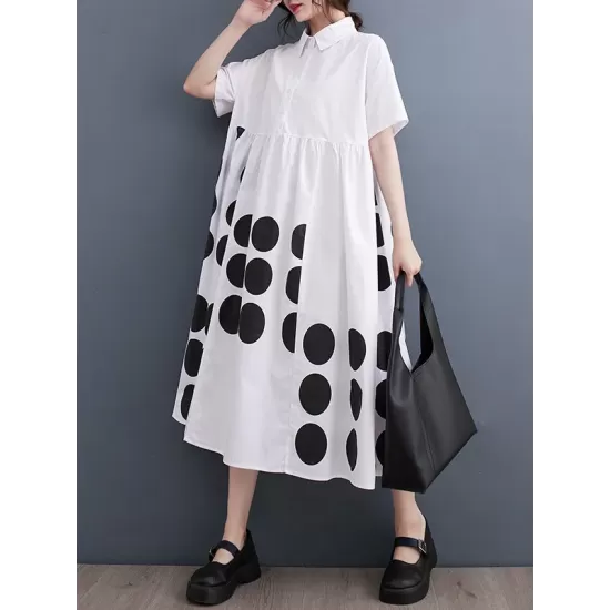 Buttoned Pockets Polka Dot Printed A-line Loose Lapel Midi Dresses Buttoned Pockets Polka Dot Printed A-line Loose Lapel Midi Dresses