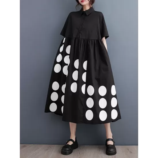 Buttoned Pockets Polka Dot Printed A-line Loose Lapel Midi Dresses Buttoned Pockets Polka Dot Printed A-line Loose Lapel Midi Dresses