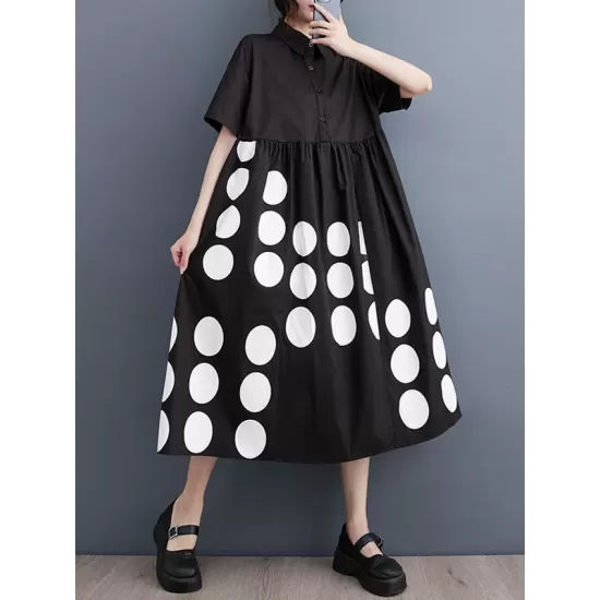 Buttoned Pockets Polka Dot Printed A-line Loose Lapel Midi Dresses Buttoned Pockets Polka Dot Printed A-line Loose Lapel Midi Dresses