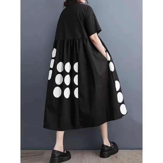 Buttoned Pockets Polka Dot Printed A-line Loose Lapel Midi Dresses Buttoned Pockets Polka Dot Printed A-line Loose Lapel Midi Dresses