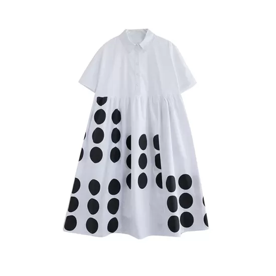 Buttoned Pockets Polka Dot Printed A-line Loose Lapel Midi Dresses Buttoned Pockets Polka Dot Printed A-line Loose Lapel Midi Dresses