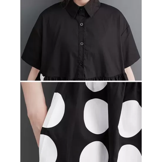 Buttoned Pockets Polka Dot Printed A-line Loose Lapel Midi Dresses Buttoned Pockets Polka Dot Printed A-line Loose Lapel Midi Dresses