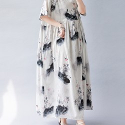 Pleated Printed Split-Joint Loose Short Sleeves Round-neck Midi Dresses