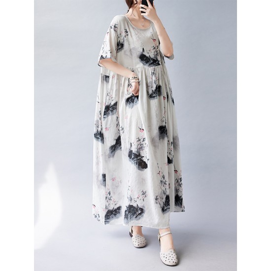 Pleated Printed Split-Joint Loose Short Sleeves Round-neck Midi Dresses Pleated Printed Split-Joint Loose Short Sleeves Round-neck Midi Dresses