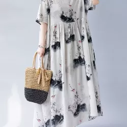 Pleated Printed Split-Joint Loose Short Sleeves Round-neck Midi Dresses