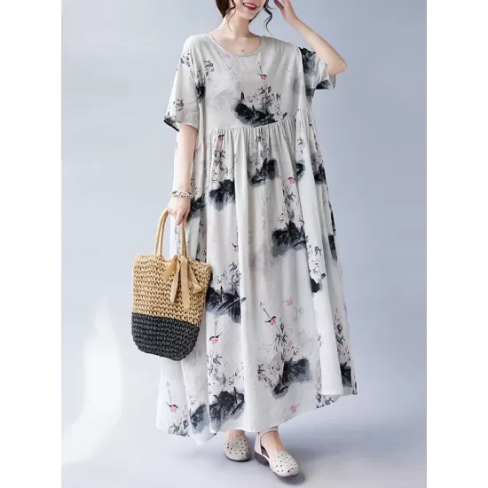 Pleated Printed Split-Joint Loose Short Sleeves Round-neck Midi Dresses Pleated Printed Split-Joint Loose Short Sleeves Round-neck Midi Dresses