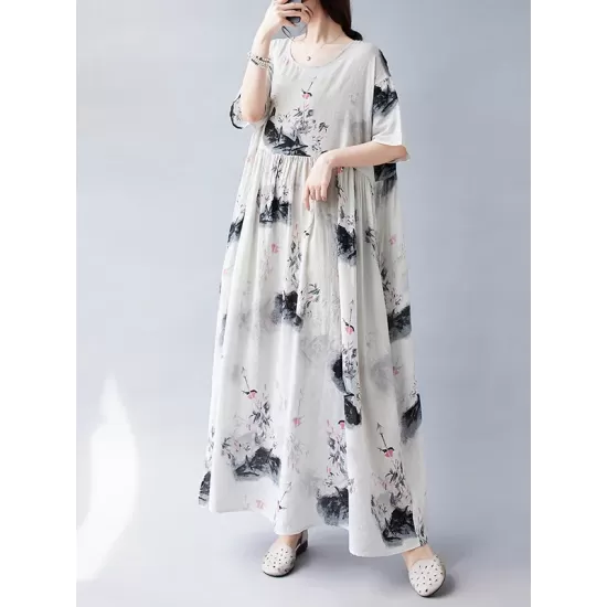 Pleated Printed Split-Joint Loose Short Sleeves Round-neck Midi Dresses Pleated Printed Split-Joint Loose Short Sleeves Round-neck Midi Dresses