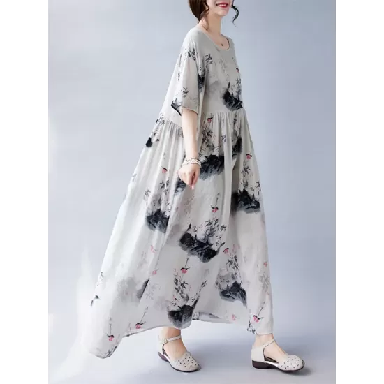 Pleated Printed Split-Joint Loose Short Sleeves Round-neck Midi Dresses Pleated Printed Split-Joint Loose Short Sleeves Round-neck Midi Dresses