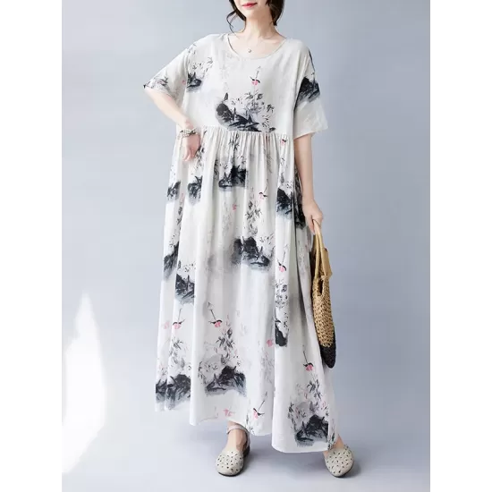 Pleated Printed Split-Joint Loose Short Sleeves Round-neck Midi Dresses Pleated Printed Split-Joint Loose Short Sleeves Round-neck Midi Dresses