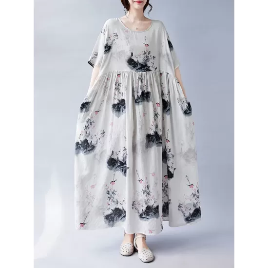 Pleated Printed Split-Joint Loose Short Sleeves Round-neck Midi Dresses Pleated Printed Split-Joint Loose Short Sleeves Round-neck Midi Dresses