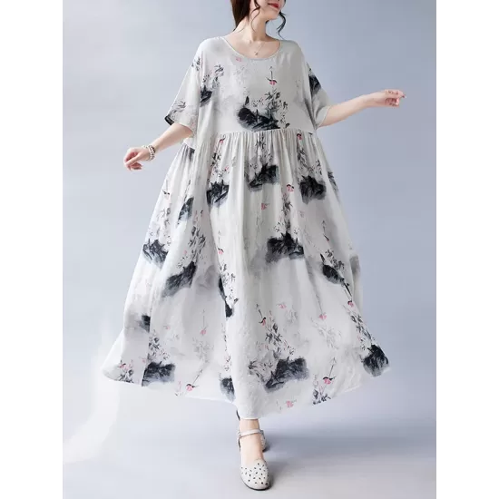 Pleated Printed Split-Joint Loose Short Sleeves Round-neck Midi Dresses Pleated Printed Split-Joint Loose Short Sleeves Round-neck Midi Dresses