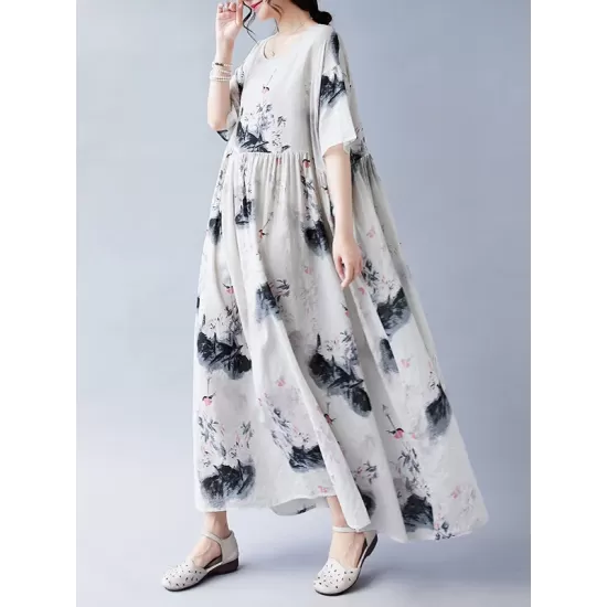 Pleated Printed Split-Joint Loose Short Sleeves Round-neck Midi Dresses Pleated Printed Split-Joint Loose Short Sleeves Round-neck Midi Dresses