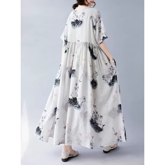 Pleated Printed Split-Joint Loose Short Sleeves Round-neck Midi Dresses Pleated Printed Split-Joint Loose Short Sleeves Round-neck Midi Dresses