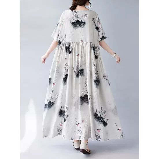 Pleated Printed Split-Joint Loose Short Sleeves Round-neck Midi Dresses Pleated Printed Split-Joint Loose Short Sleeves Round-neck Midi Dresses