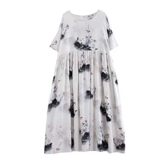 Pleated Printed Split-Joint Loose Short Sleeves Round-neck Midi Dresses Pleated Printed Split-Joint Loose Short Sleeves Round-neck Midi Dresses