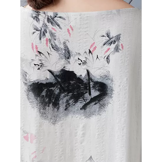 Pleated Printed Split-Joint Loose Short Sleeves Round-neck Midi Dresses Pleated Printed Split-Joint Loose Short Sleeves Round-neck Midi Dresses