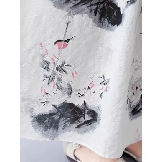 Pleated Printed Split-Joint Loose Short Sleeves Round-neck Midi Dresses Pleated Printed Split-Joint Loose Short Sleeves Round-neck Midi Dresses