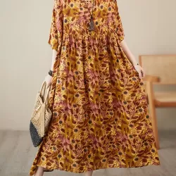 Pleated Split-Joint Batwing Sleeves Loose Round-Neck Midi Dresses